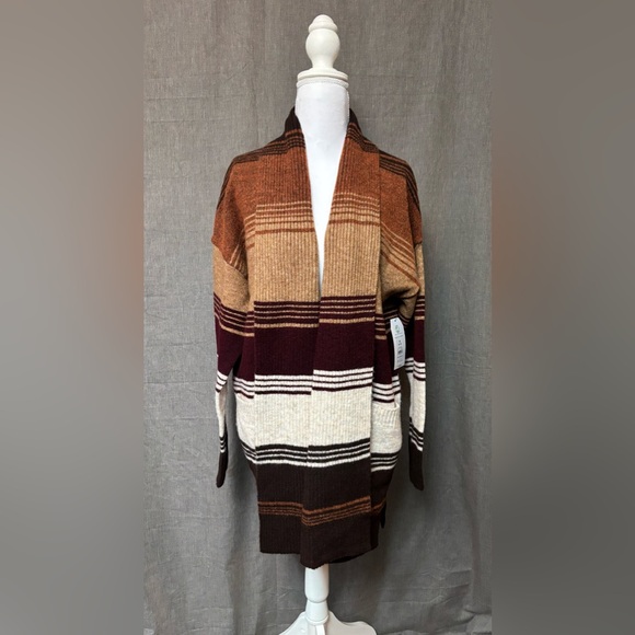 Time and Tru Sweaters - Time and Tru Women's Brown and Cream Striped Fuzzy Cardigan, Size:M, NWT